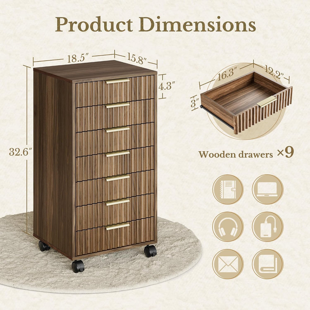 7 Drawer File Cabinet with Wheels for Home Office, Black Walnut