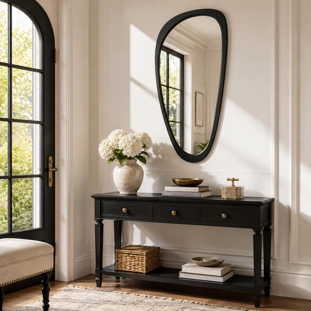48x24 Inch Matte Black Large Irregular Solid Wood Wall Mirror