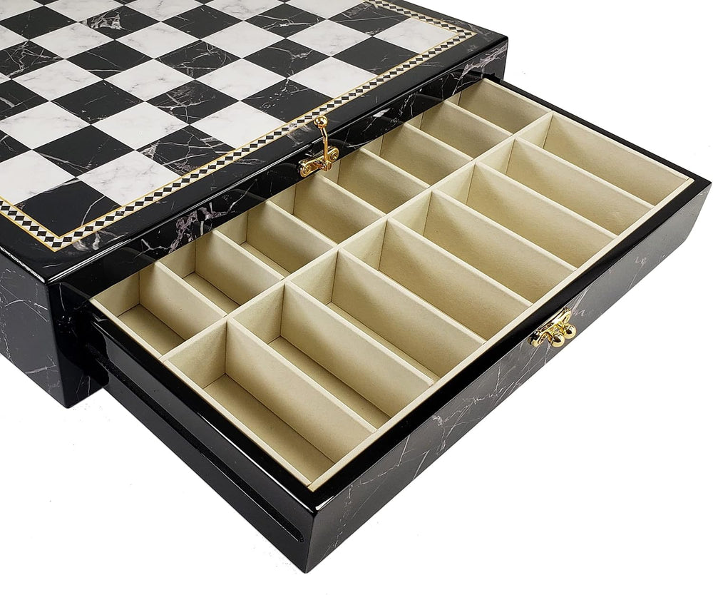 17" High Gloss Chess Storage Board Chest W/ 2 Drawers Black and White Fa...