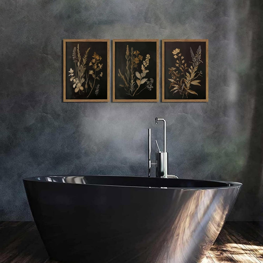 Framed Dark Botanical Wall Art Set of 3, Black Moody Floral Wall Decor Painti...