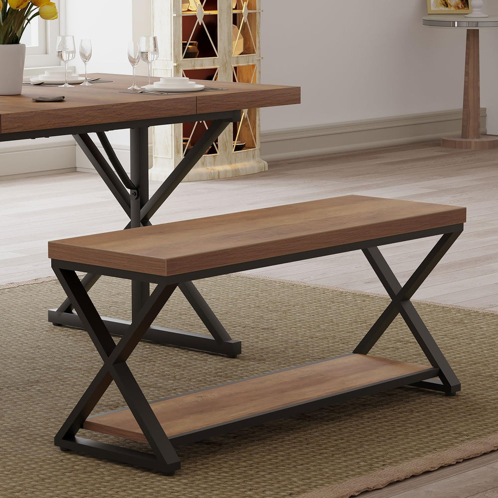 IBF Rustic Entryway Bench with Storage, Rustic Oak Wood and Metal Bench