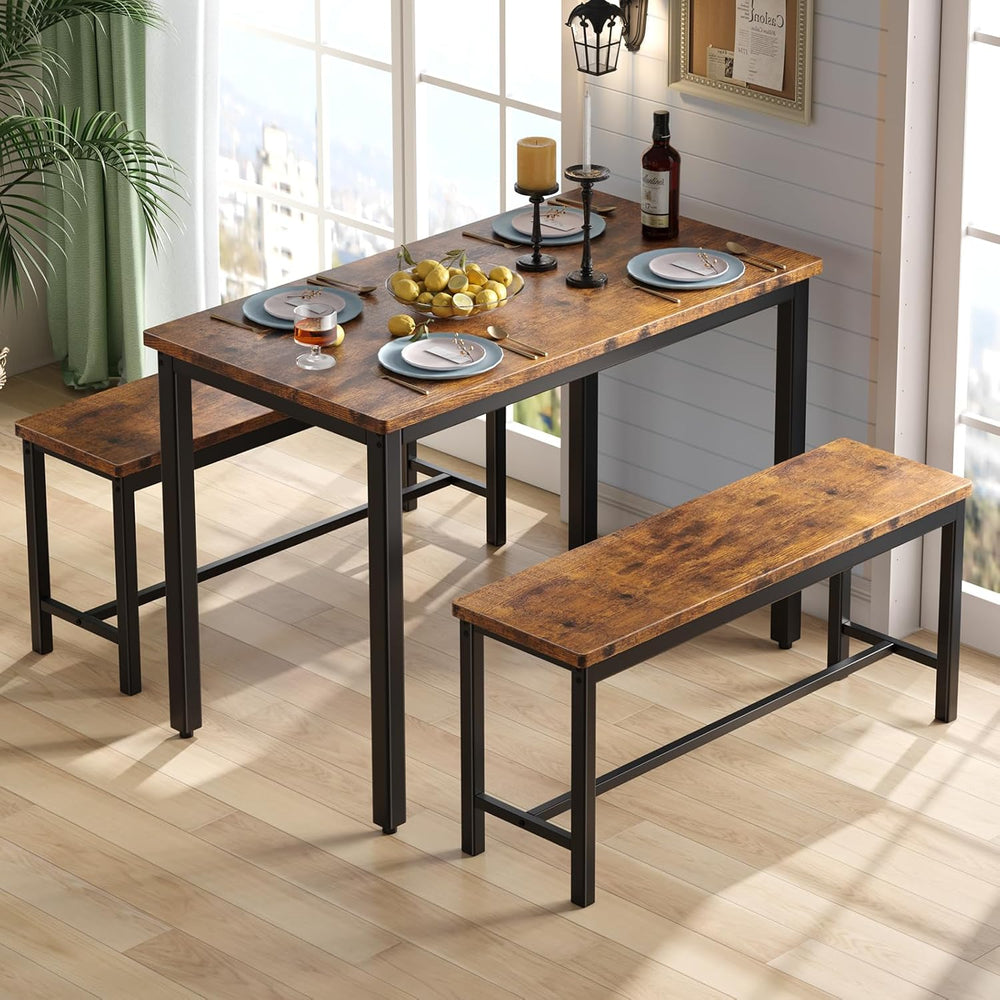 Tatub Dining Table Set for 4, 3-Piece Kitchen Table with 2 Benches, Space-Sav...