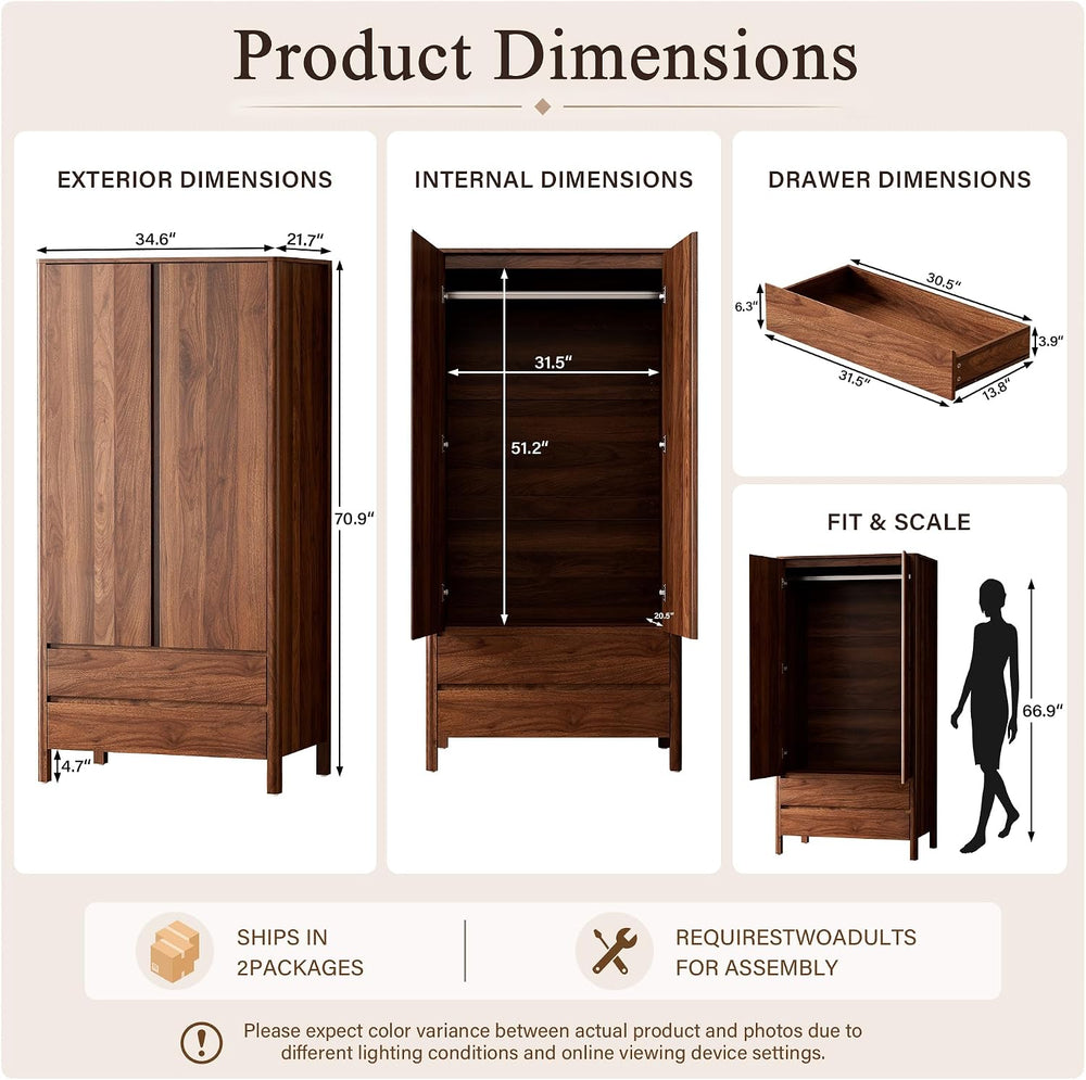 Furniway Armoire Wardrobe Closet, 70.9" Tall Wardrobe Cabinet with 2 Doo...