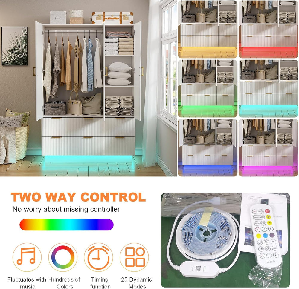 PAKASEPT Armoire Wardrobe Closet with 3 Door, Mirror, LED Lights