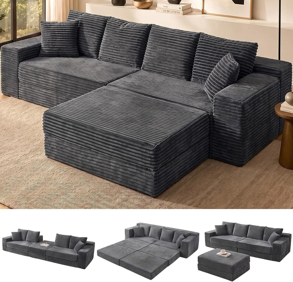 106'' Convertible Futon Sofa Bed, Boneless Couch for Living Room, Grey