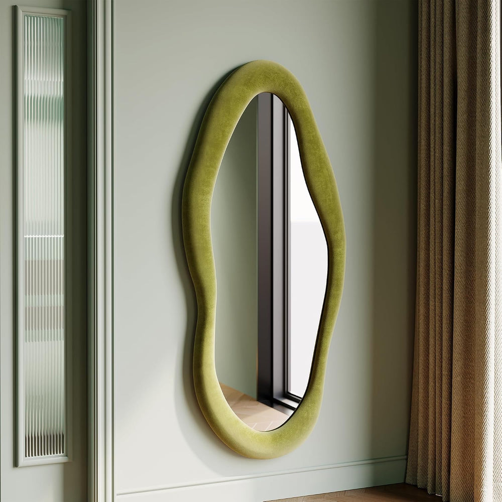 Honyee 55" x 24" Wavy Mirror, Flannel Wrapped Wooden Frame, Irregul...