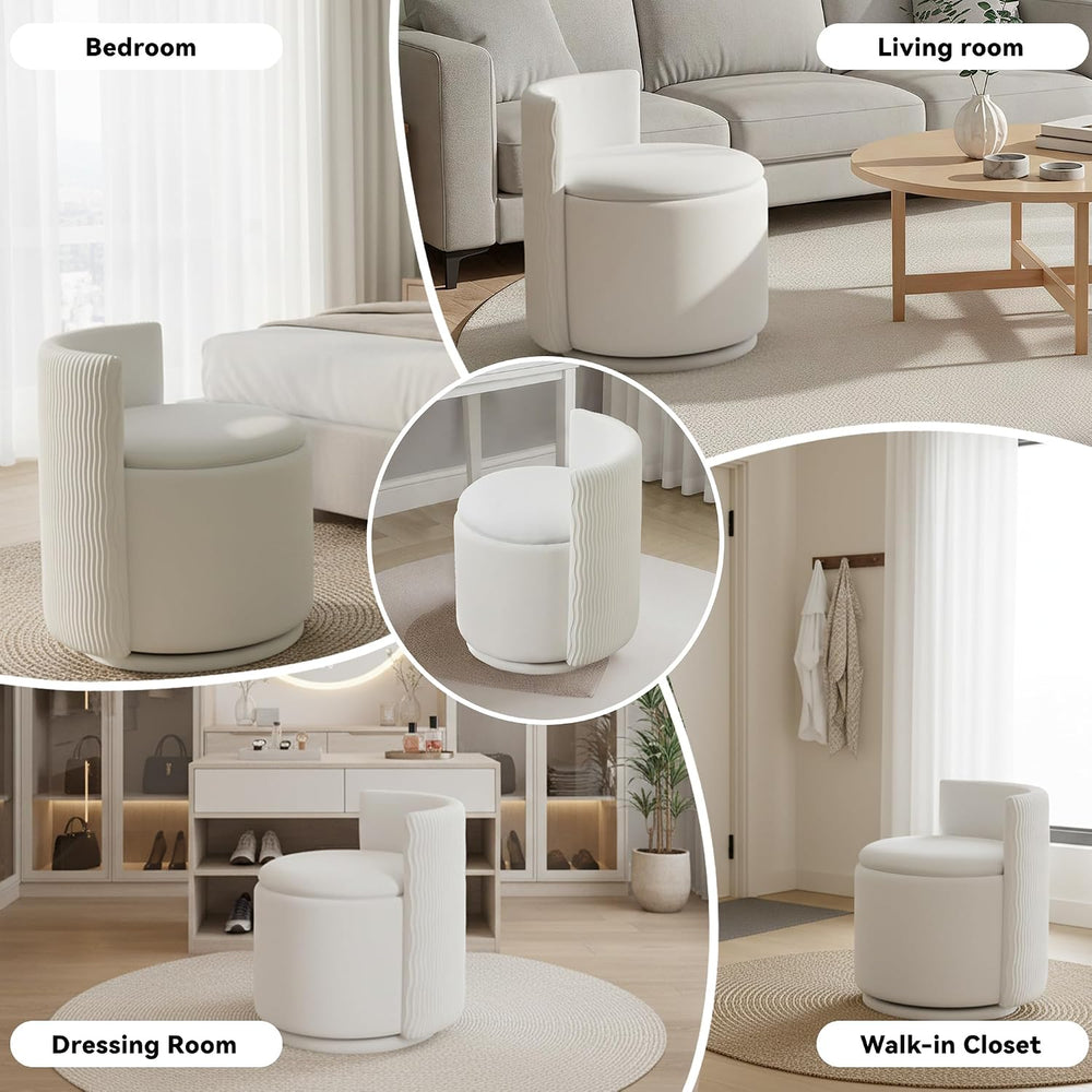 360° Swivel Velvet Vanity Chair with Storage, Barrel Makeup Chair with Wave B...