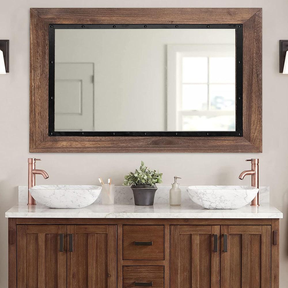 YOSHOOT Rustic Wooden Framed Wall Mirror, Natural Wood and Iron Bathroom Vani...