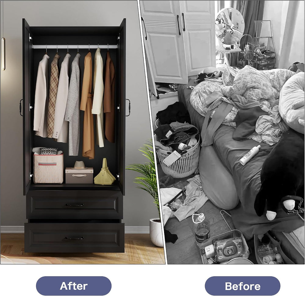 Black Wardrobe Closet with 2 Drawers and 2 Doors, 75" H x 32" W