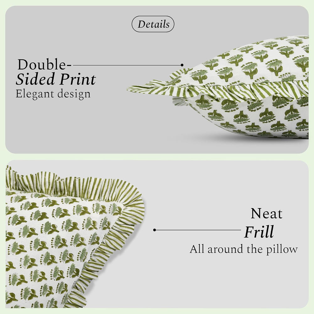 CPC Emerald Green Block Print Ruffle Pillow Cover 20x20 Inch, Pack of 2