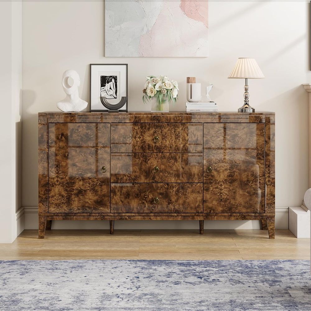 60" Glossy Burl Wood Sideboard Buffet with Storage