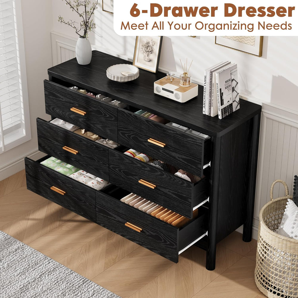 Garvee 6 Drawer Dresser, Modern Wooden Storage Chest of Drawers, Black