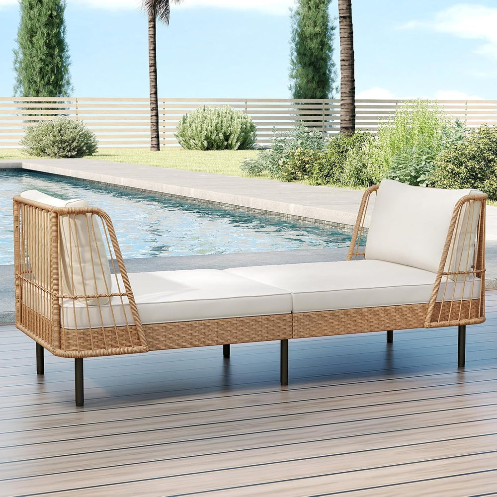 Tangkula Patio Rattan Daybed, Boho Wicker Lounge Sofa, Natural & Off White