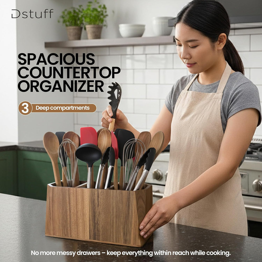 Large Kitchen Utensil Holder for Countertop โ Acacia Wood Utensil Organizer w...