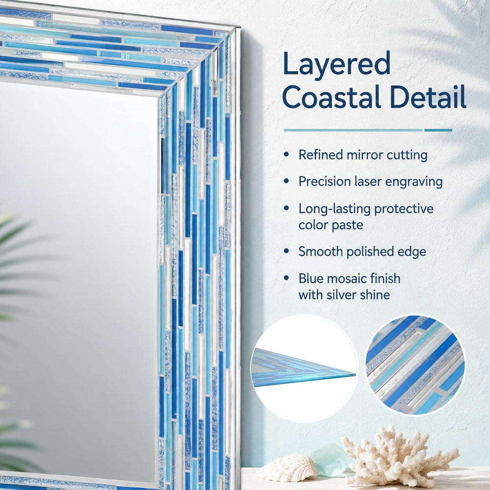 Head West 24"x30" Frameless Blues Mosaic Bathroom Vanity Mirror, Re...
