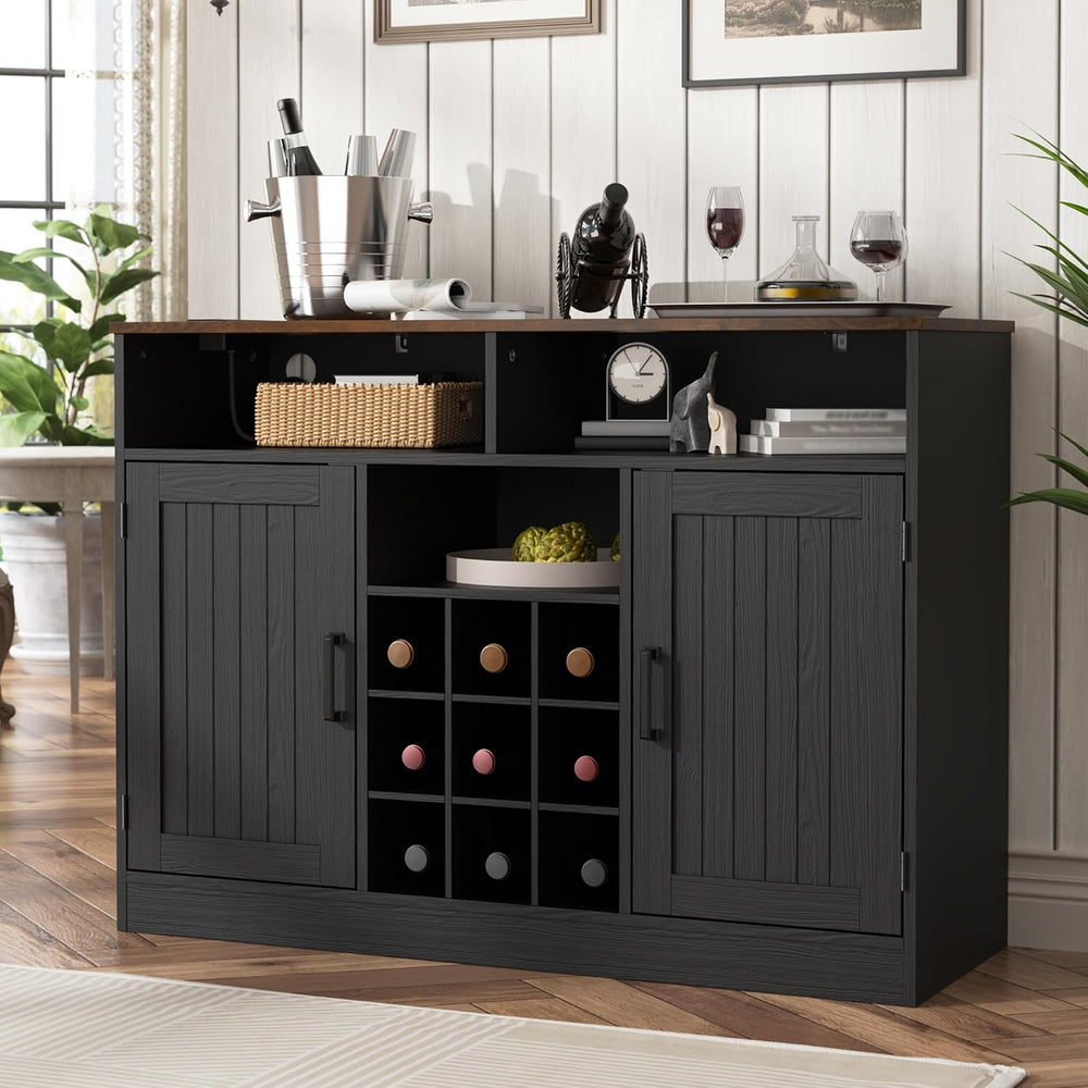 MHOM Farmhouse Coffee Bar Cabinet with Power Outlets, Rustic Buffet Sideboard...