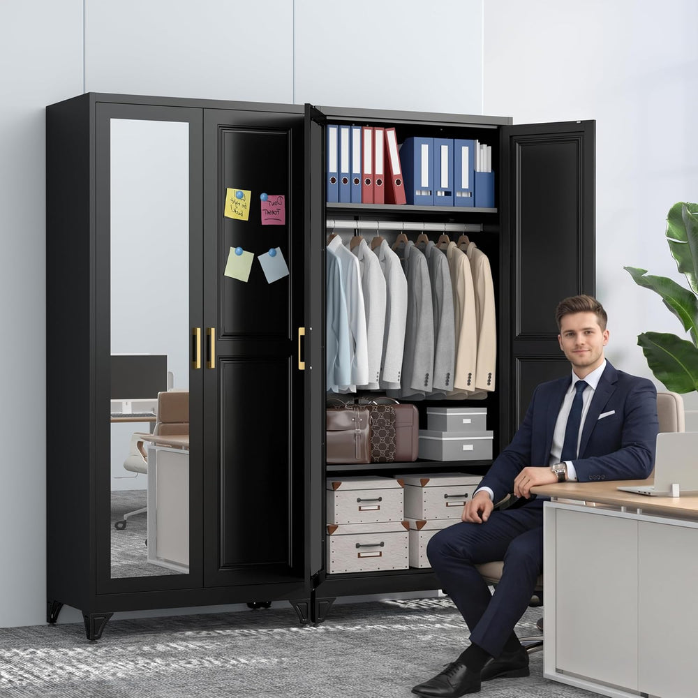 Metal Armoire Wardrobe Closet with Mirror, 71" Tall Black Cabinet