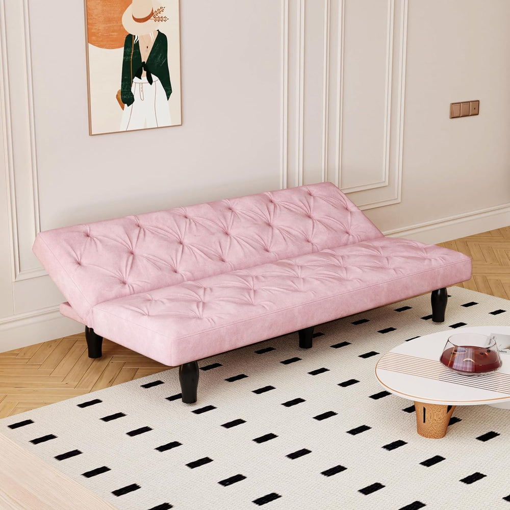 72" Pink Velvet Futon Couch Living Room Couch Bed Convertible Sleeper So...