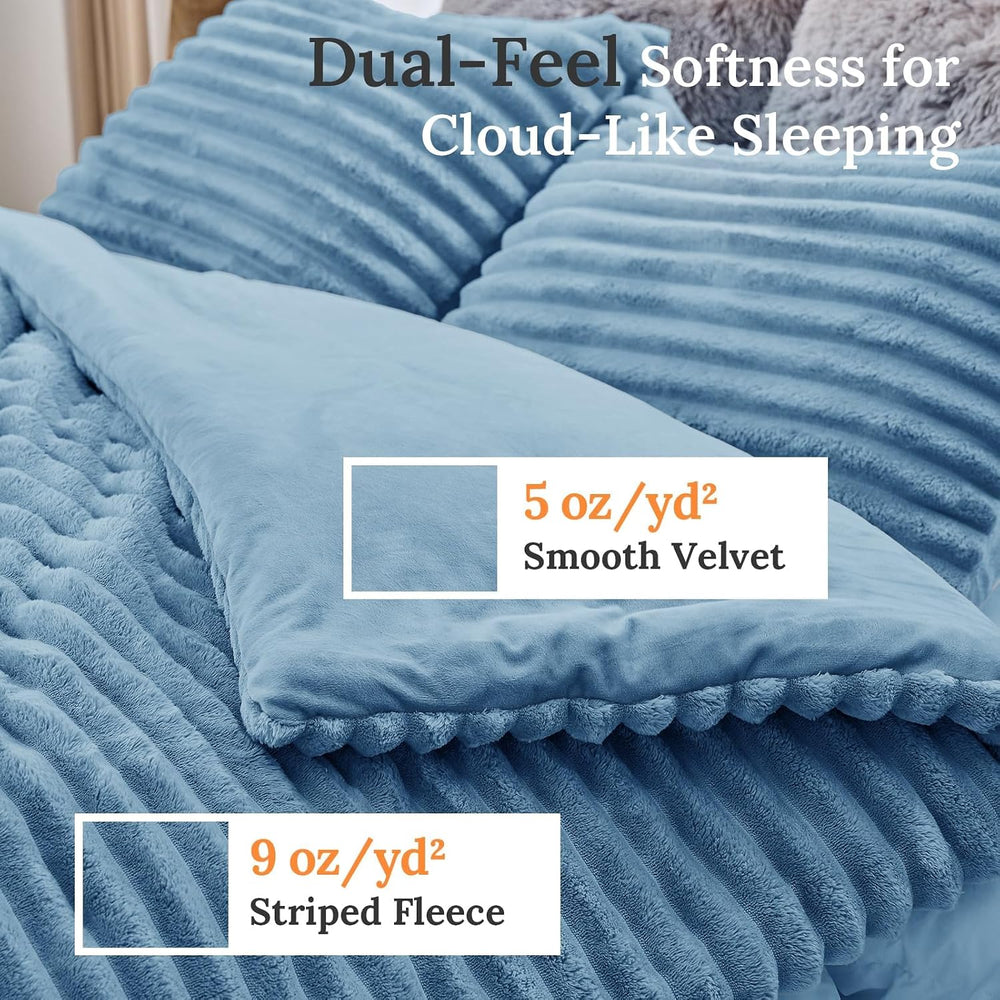Sasttie Fluffy Queen Comforter Set, 3 PC Soft Fleece Bedding, Greyish Blue