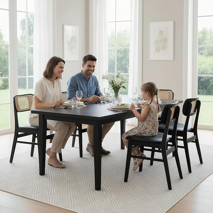Black Dining Chairs Set of 4 Faux Leather Dining Room Chairs with Rattan Back...