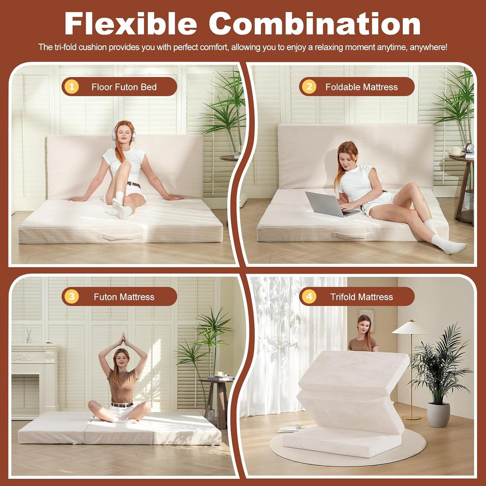 6-Inch Tri-Fold Foldable Mattress, Folding Sofa Bed with Removable Washable C...