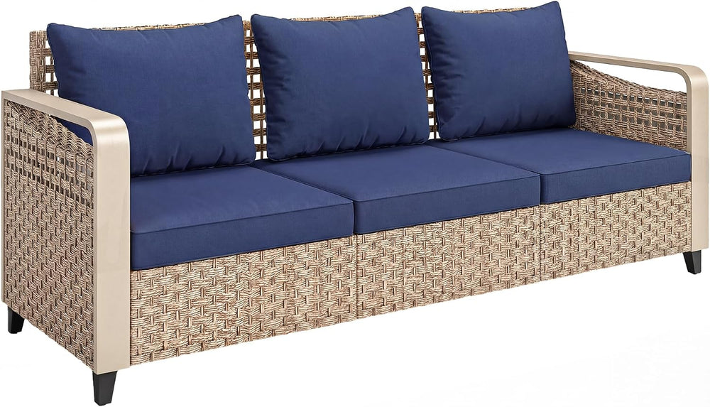 Outsunny Outdoor Patio Couch Wide Deep Seat 3 Seater Wicker Dark Blue