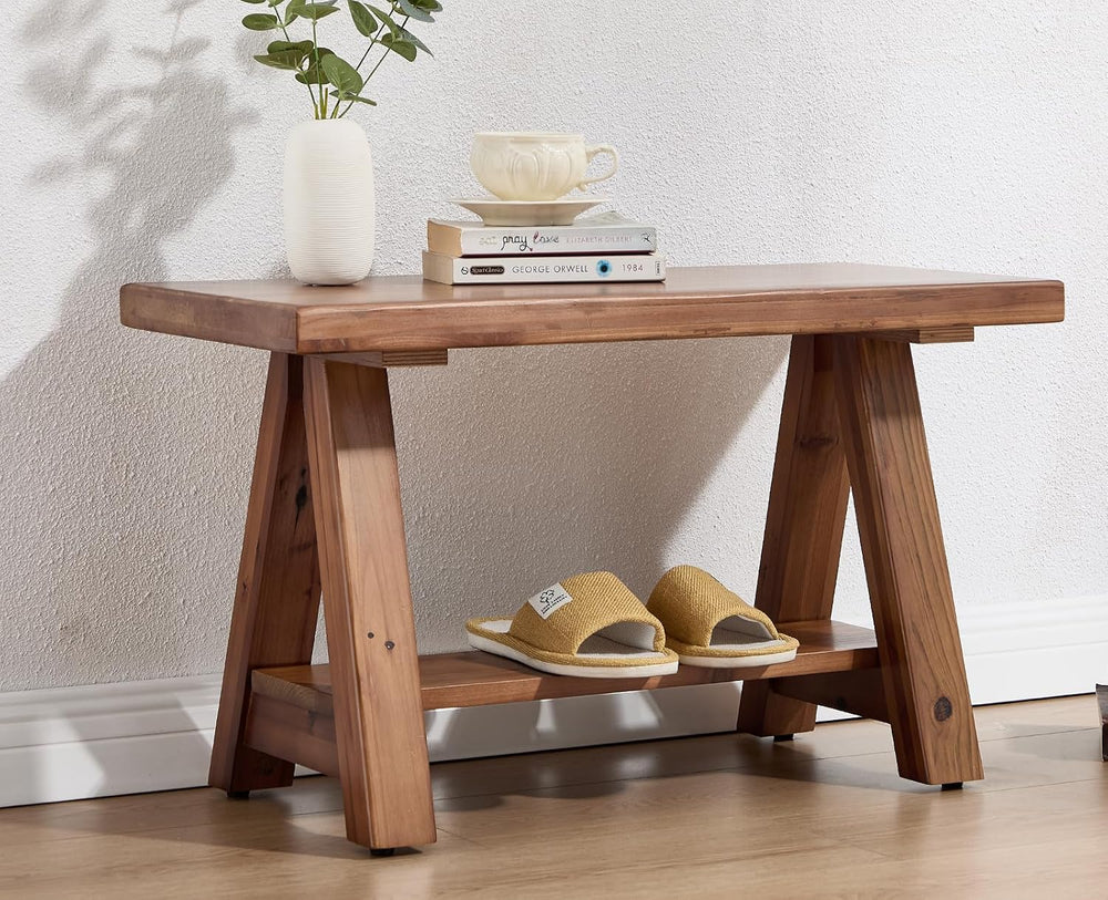chairus Farmhouse 2-Tier Storage Bench, 30" Solid Wood Entryway Bench Se...