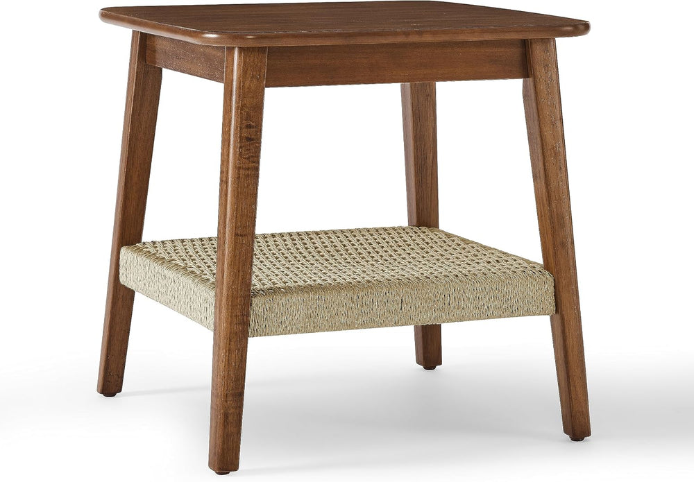 NewCosmos 23" Mid-Century Side Table with Woven Shelf, Boho Side Table w...