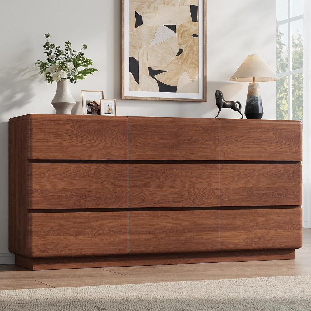 YANSNWO Walnut 9 Drawer Dresser for Bedroom, 63" Wide Chest of Drawers