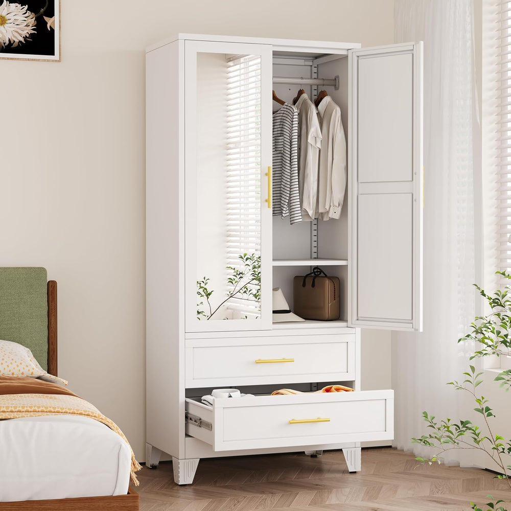 Metal Armoire Wardrobe, 71" Tall Bedroom Closet with Mirror and 2 Drawers