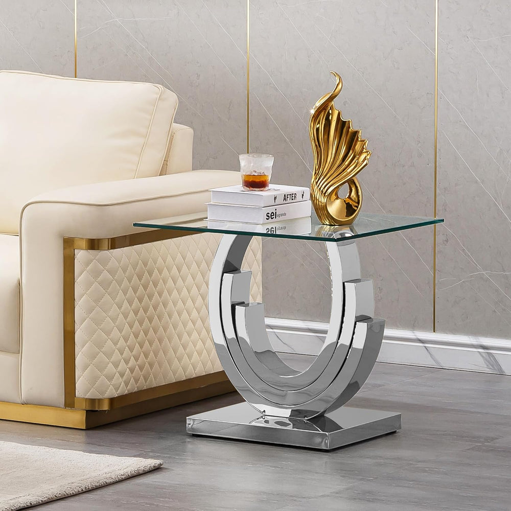 Glass End Table, 22.83" Square Side Table with Tempered Glass Top and Si...