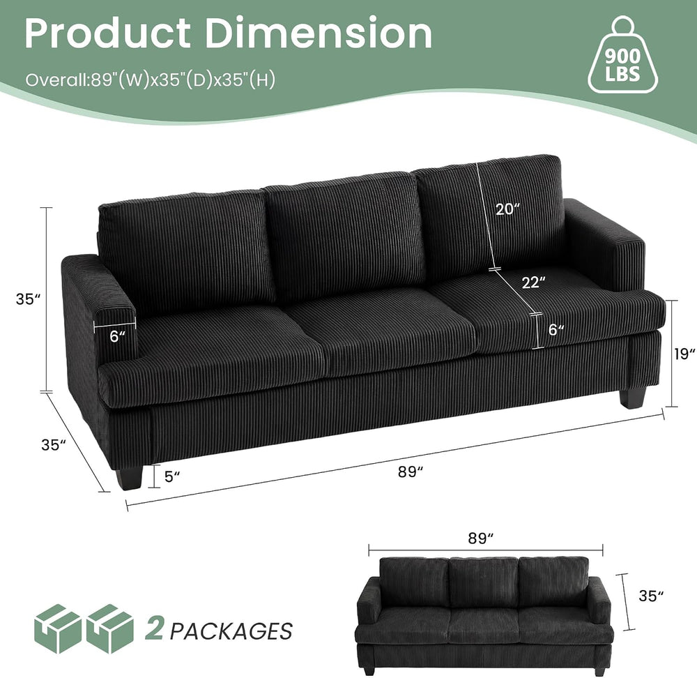 2 Pieces Corduroy Couch Set for Living Room, Black Cloud Sofa, Deep Seat Floo...