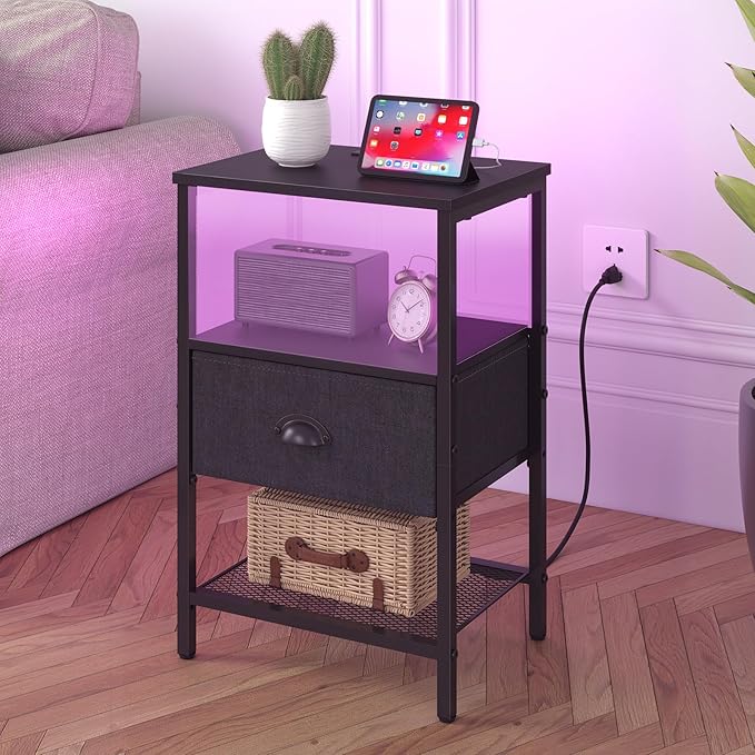 Sthmec Nightstands with Charging Station, LED Bedside Tables with Charging St...