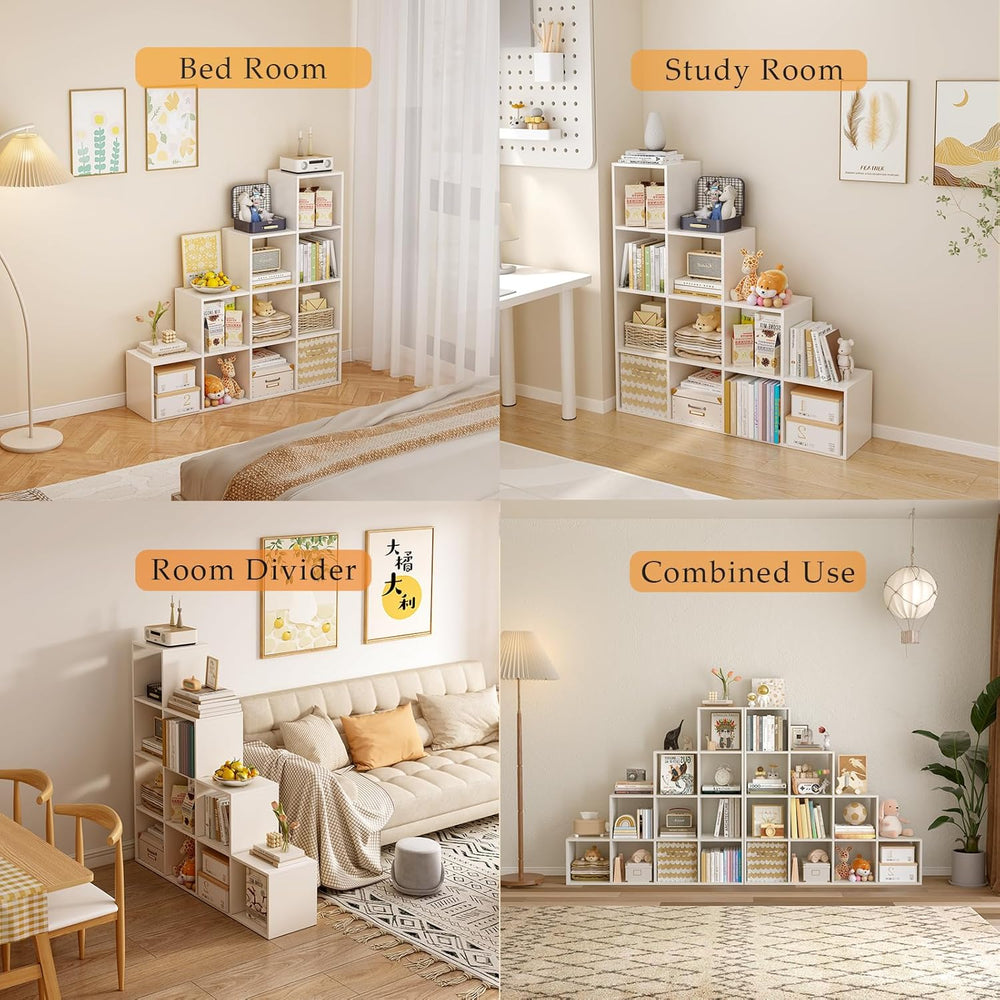 Ladder Cube Storage Bookcase - Wooden L-Shaped 4-Tier Corner Shelf, Reversibl...