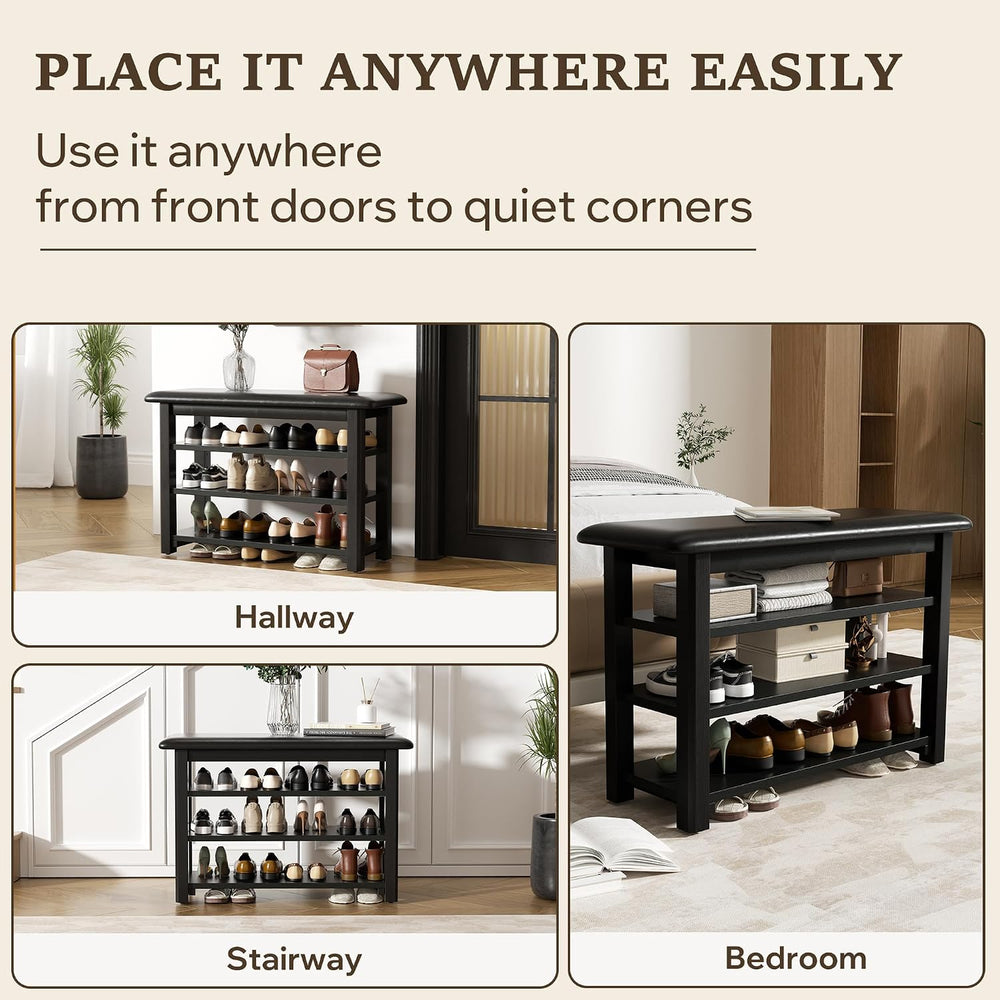 Shoe Rack Bench with Leather Cushion 3-Tier Shoe Rack Organizer for Entryway ...