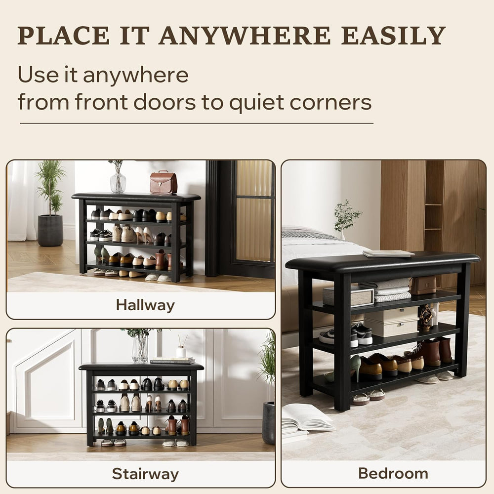 Shoe Rack Bench with Leather Cushion 3-Tier Shoe Rack Organizer for Entryway ...