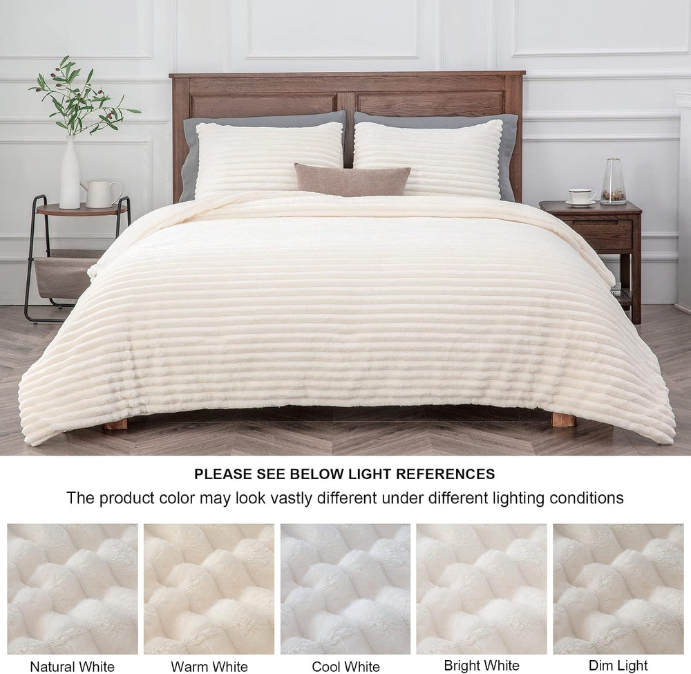 BEDELITE Fleece Queen Comforter Set, Fluffy Bed Set, Cream White
