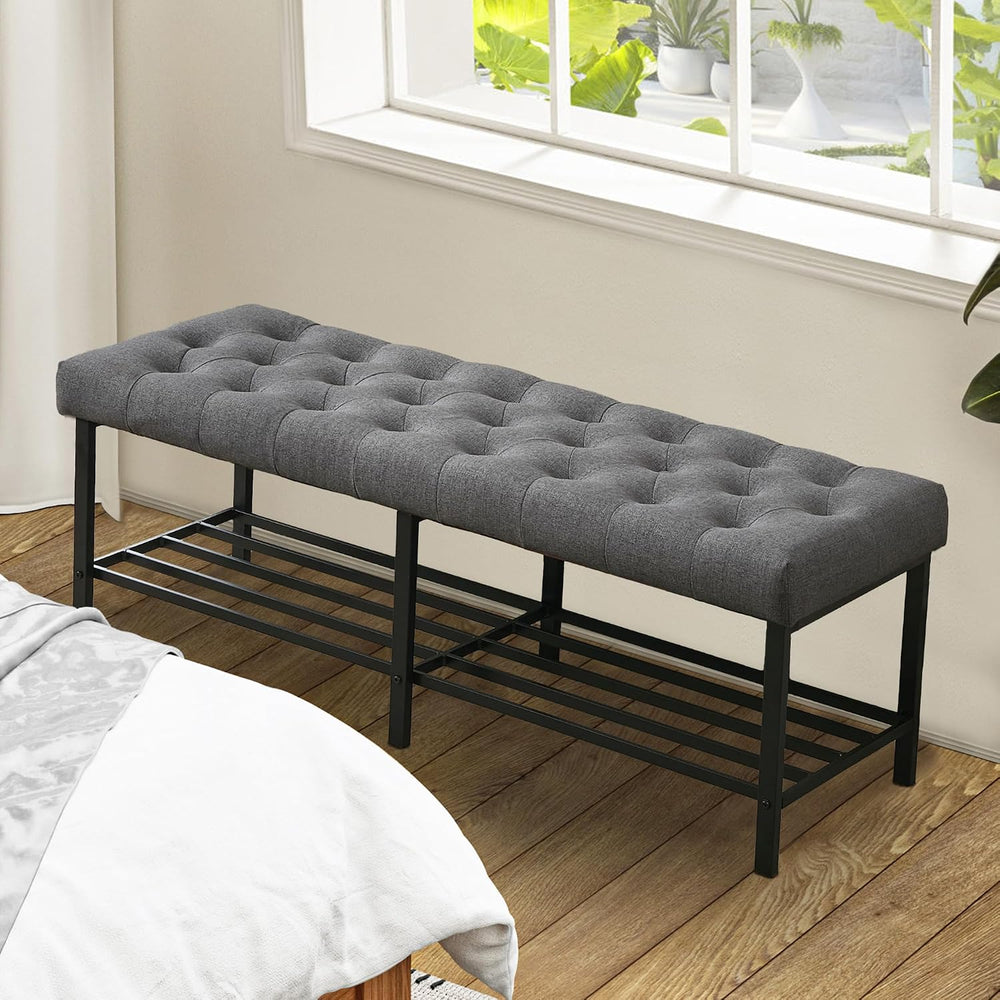 SOFTHION 55.5" End of Bed Bench, Linen Entryway Bench, Grey