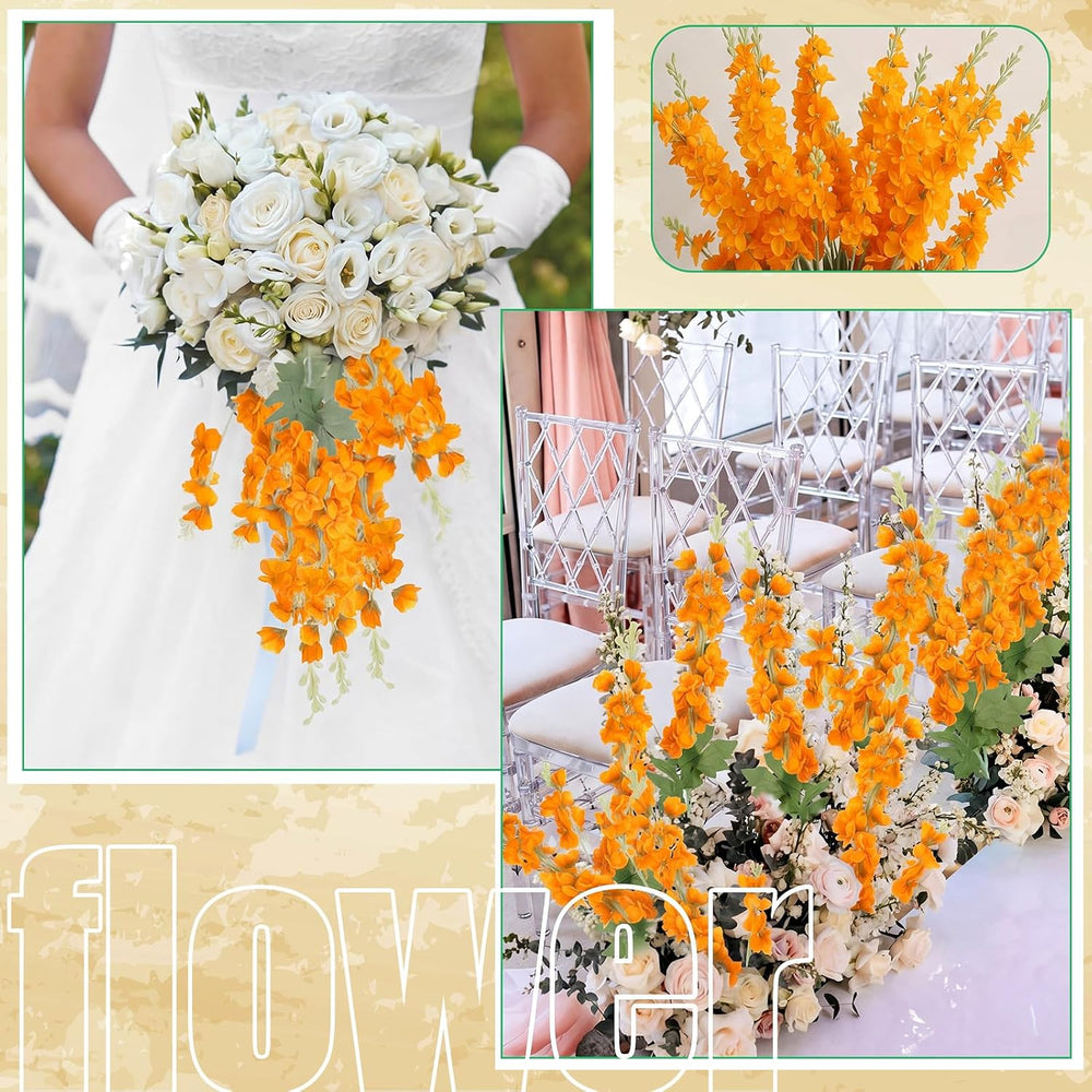 Thiccywoov 24 Pcs Orange Delphinium Artificial Flower Bulk Fall Flowers