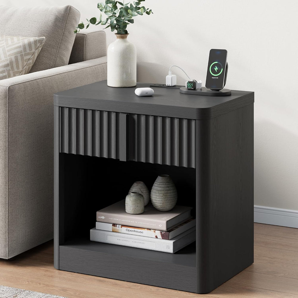 Fluted Nightstand with Charging Station, 23.6" End Table with Solid Wood...