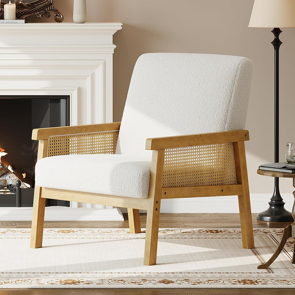 IDEALHOUSE Rattan Accent Chair with Wooden Frame and High Back, White