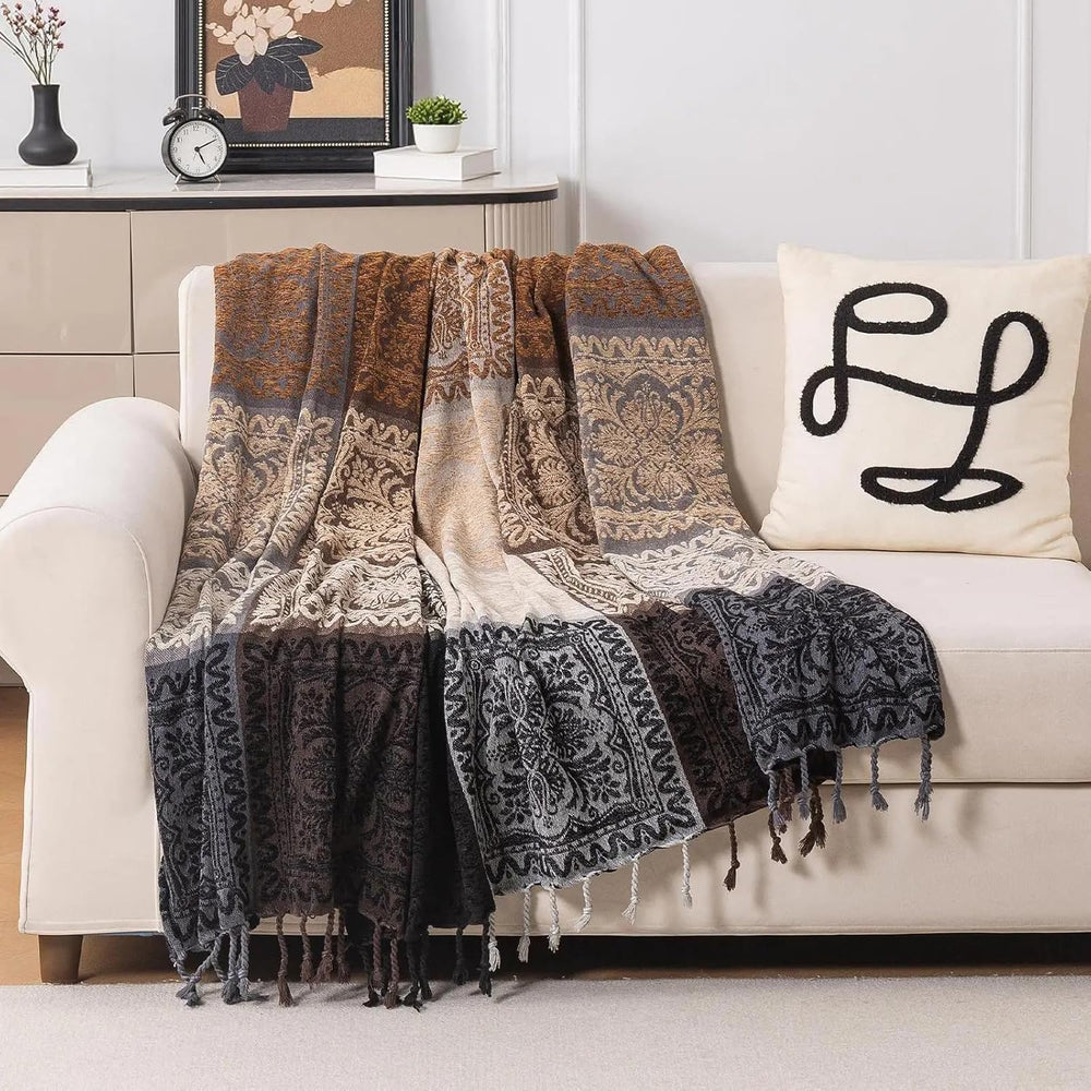 Boho Throw Blanket, Chenille Jacquard Tassels Throw Blankets for Bed Couch So...