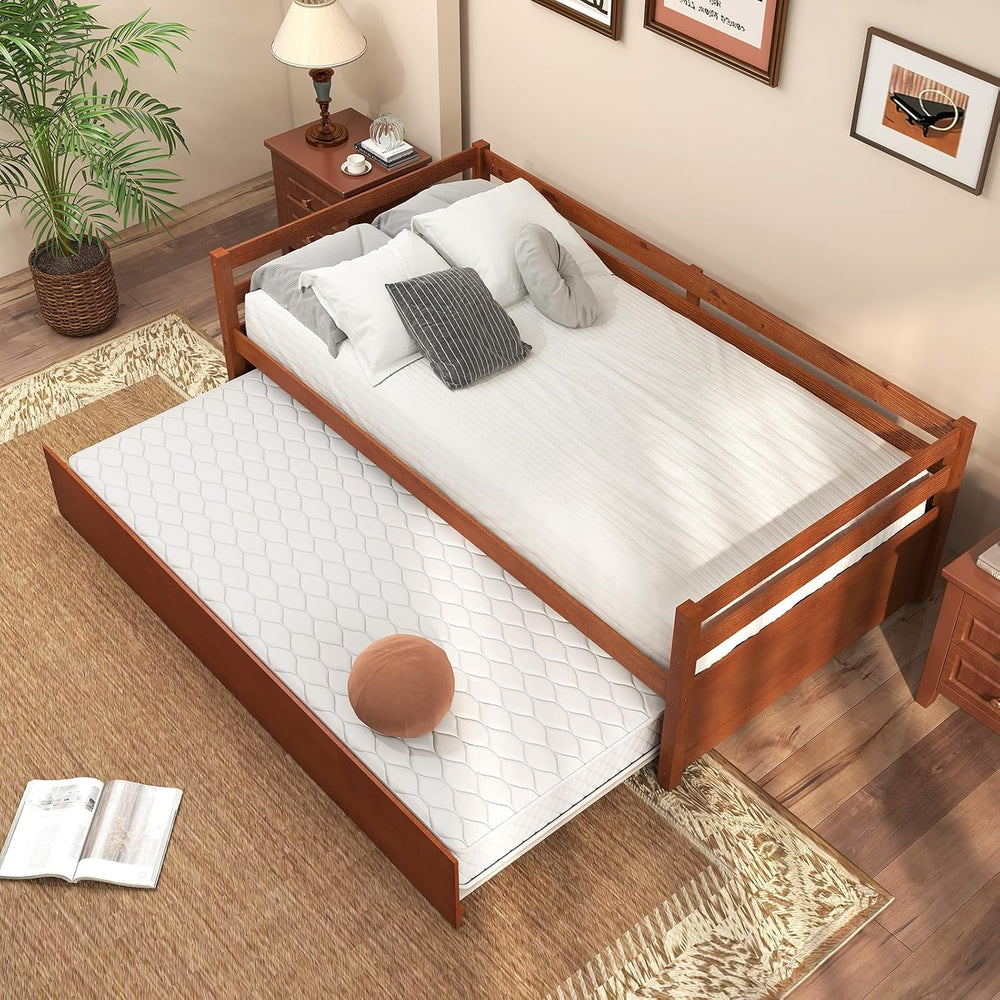 GIANTEX Twin Daybed with Trundle, Wood Trundle Bed with Wood Slat Support, Mi...