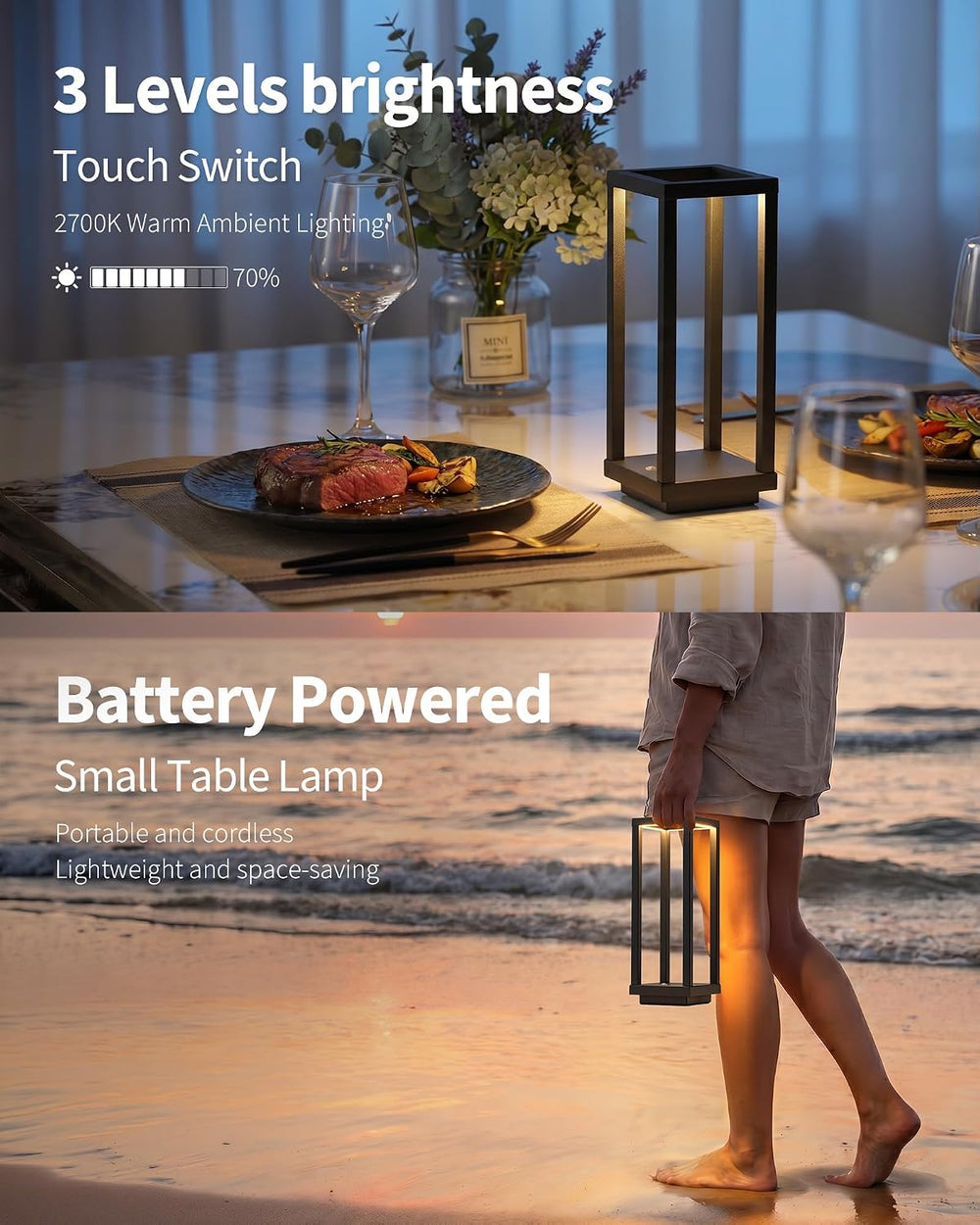 Cordless Waterproof Table Lamps Set of 2, Black LED Outdoor Desk Lamp