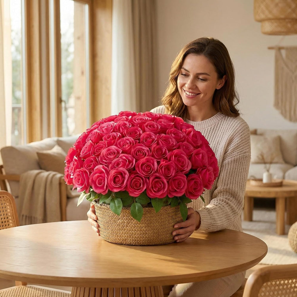 55 Pcs Hot Pink Roses Artificial Flowers Bulk, Artificial Roses Fake Flowers ...
