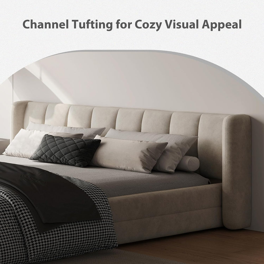 Queen Size Cloud Bed Frame with Soft Channel-Tufted Headboard