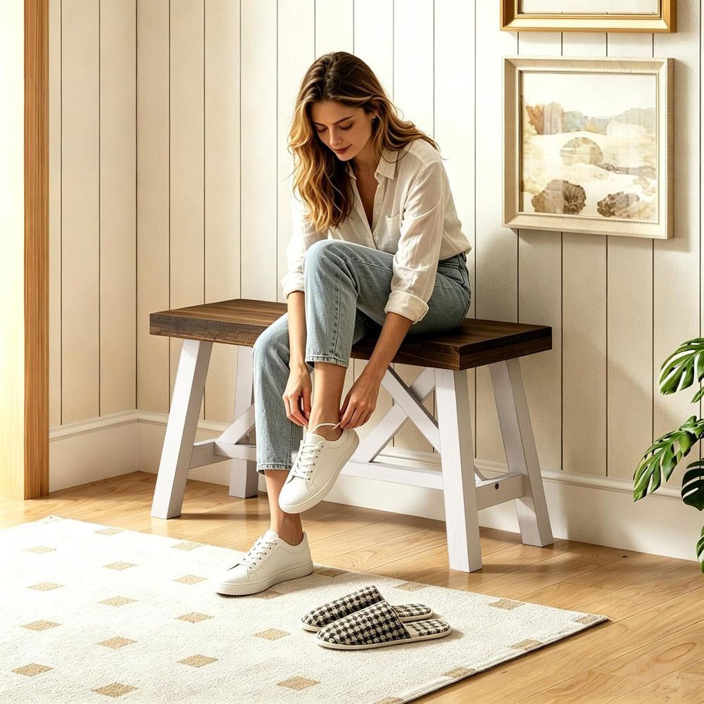 Wnutrees 30" Farmhouse Solid Wood Bench, Rustic Entryway Bench, White | ...