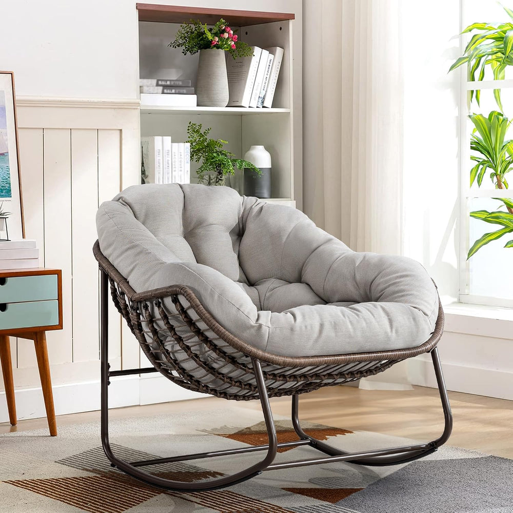 Large Indoor Outdoor Rocking Chair, Oversized Rocking Papasan Chair with Thic...