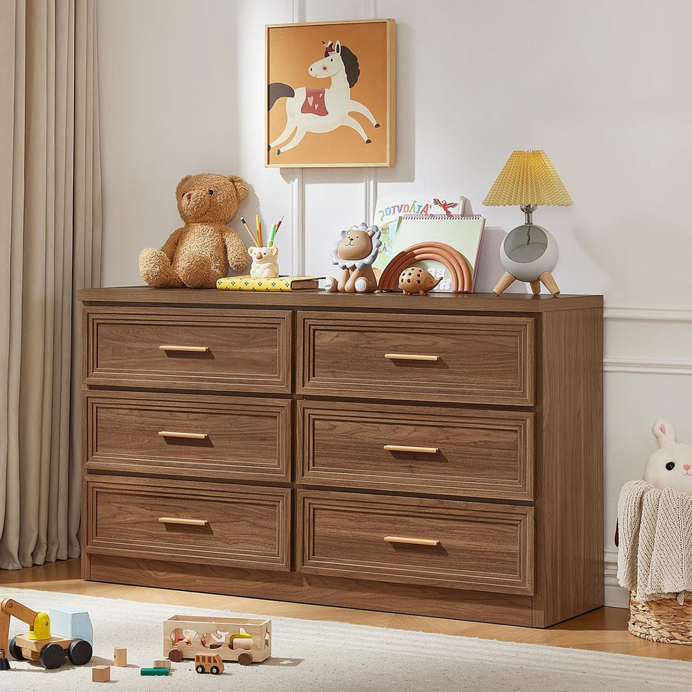 RWYHG 55.1" Wide Farmhouse 6 Drawers Dresser for Bedroom, Light Walnut