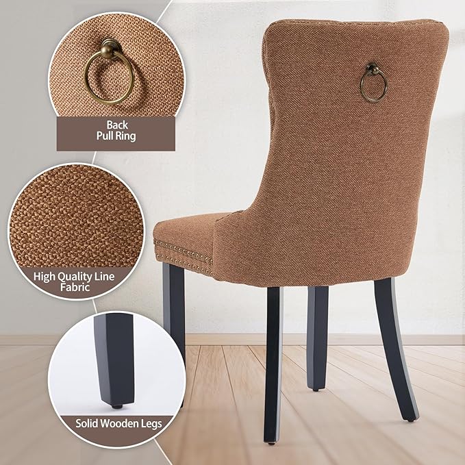 Brown Dining Chairs Set of 6, Upholstered Tufted Linen Fabric Dining Room Cha...